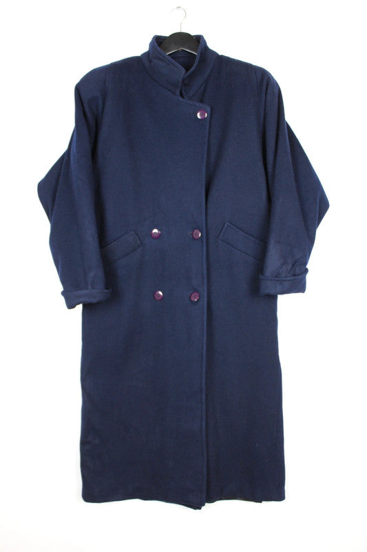 Vintage Navy Blue Loden Wool Coat Purple Buttons Stand Collar Size Medium
