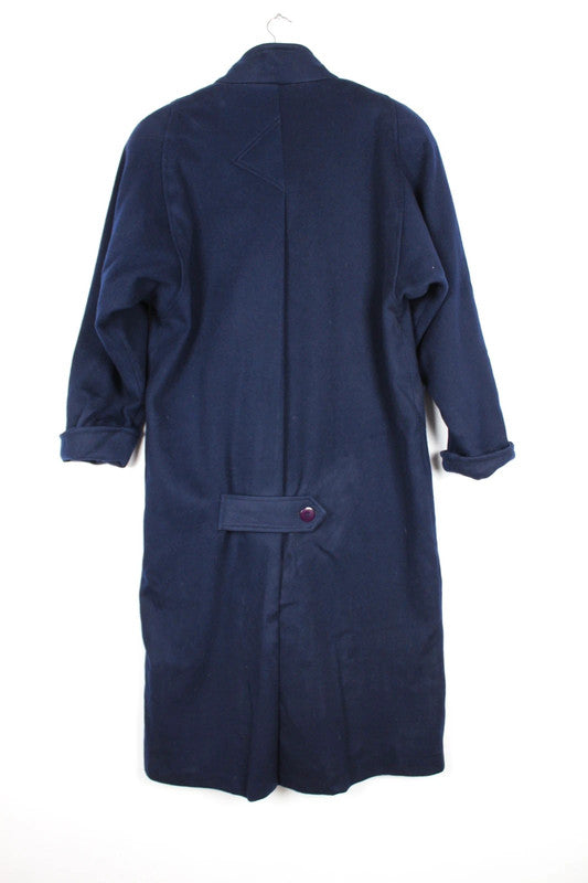 Vintage Navy Blue Loden Wool Coat Purple Buttons Stand Collar Size Medium