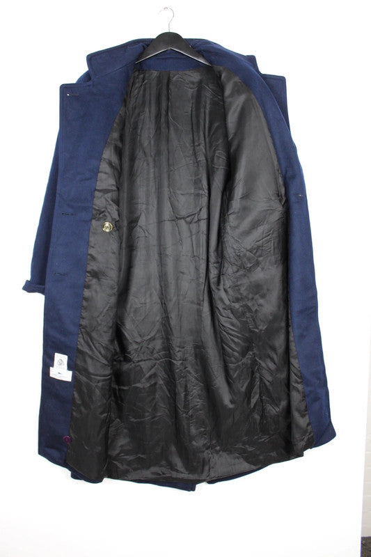 Vintage Navy Blue Loden Wool Coat Purple Buttons Stand Collar Size Medium