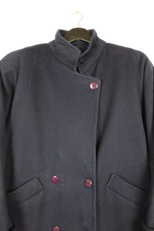 Vintage Navy Blue Loden Wool Coat Purple Buttons Stand Collar Size Medium