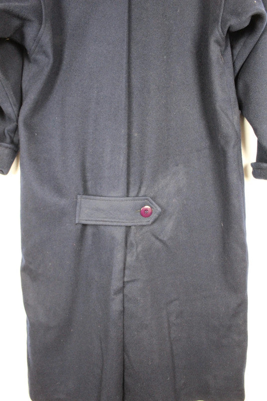Vintage Navy Blue Loden Wool Coat Purple Buttons Stand Collar Size Medium
