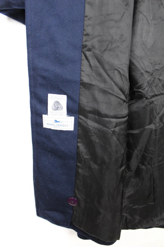 Vintage Navy Blue Loden Wool Coat Purple Buttons Stand Collar Size Medium