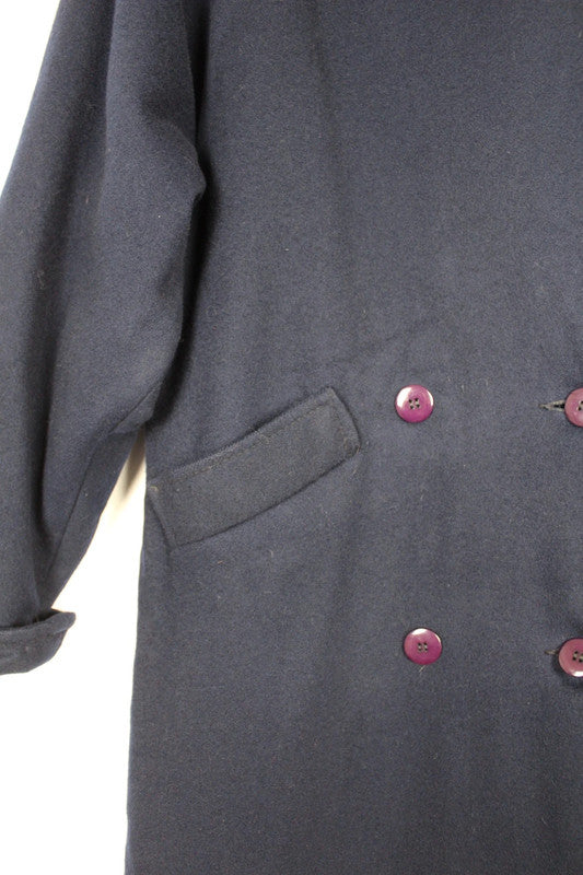 Vintage Navy Blue Loden Wool Coat Purple Buttons Stand Collar Size Medium
