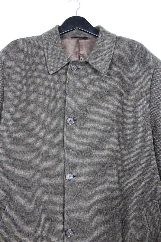 Vintage Tweed Green Brown Herringbone Single Breasted Wool Coat Size Large