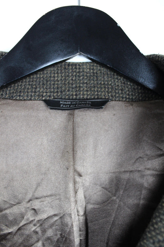 Vintage Tweed Green Brown Herringbone Single Breasted Wool Coat Size Large