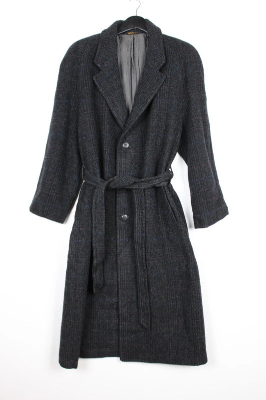 Vintage 80s 90s Zero King Charcoal Grey Wool Tweed Belted Maxi Overcoat Size XL