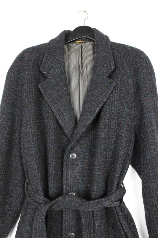 Vintage 80s 90s Zero King Charcoal Grey Wool Tweed Belted Maxi Overcoat Size XL