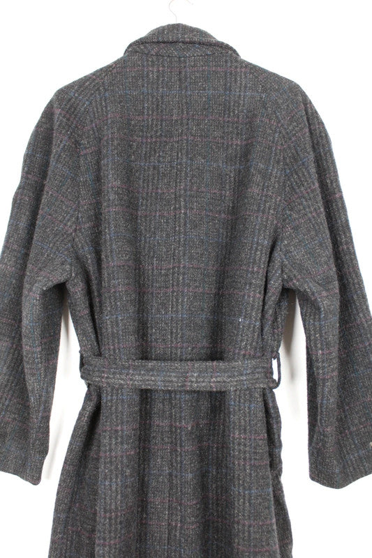 Vintage 80s 90s Zero King Charcoal Grey Wool Tweed Belted Maxi Overcoat Size XL