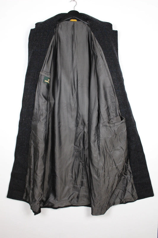 Vintage 80s 90s Zero King Charcoal Grey Wool Tweed Belted Maxi Overcoat Size XL