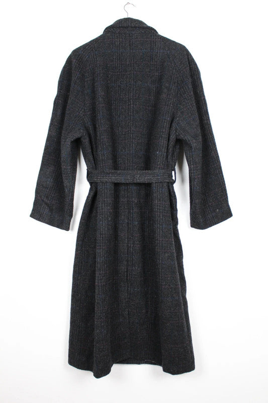 Vintage 80s 90s Zero King Charcoal Grey Wool Tweed Belted Maxi Overcoat Size XL