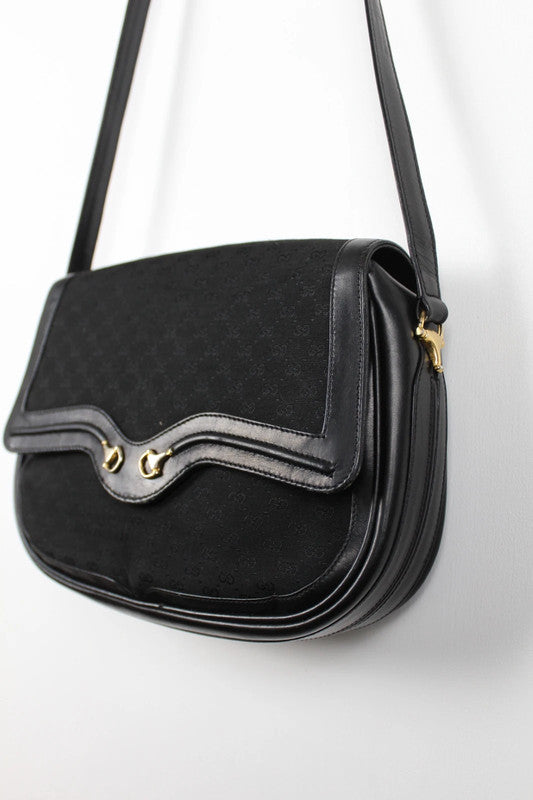 GUCCI Micro GG Shoulder Bag Gold Hardware Canvas Black