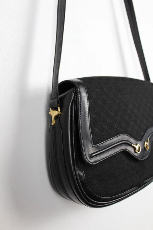 GUCCI Micro GG Shoulder Bag Gold Hardware Canvas Black