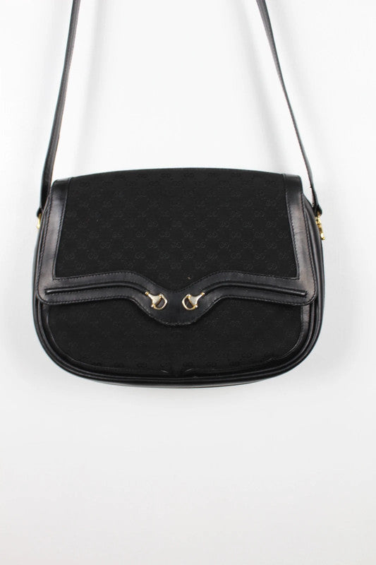 GUCCI Micro GG Shoulder Bag Gold Hardware Canvas Black
