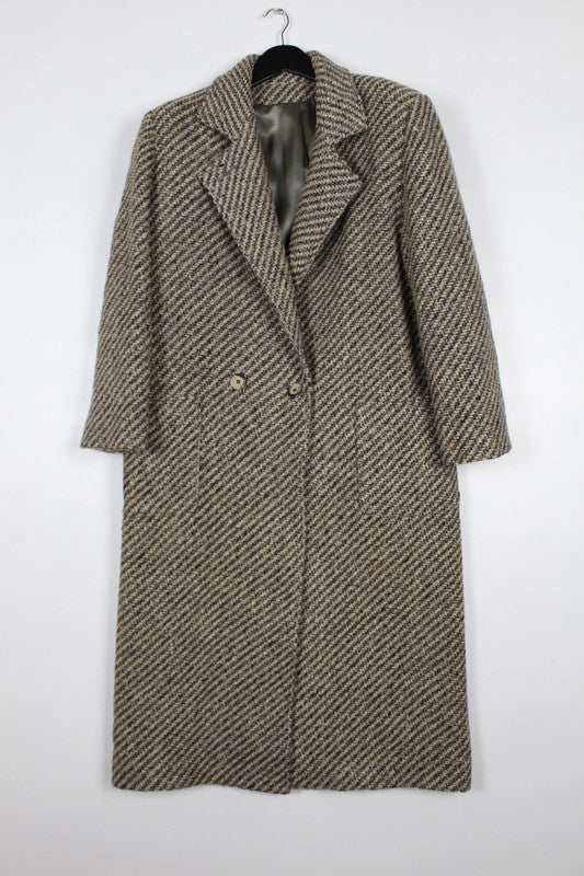 Vintage 80s 90s Brown Beige Herringbone Wool Double Breasted Long Coat Size