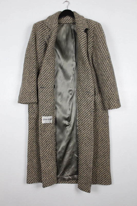 Vintage 80s 90s Brown Beige Herringbone Wool Double Breasted Long Coat Size