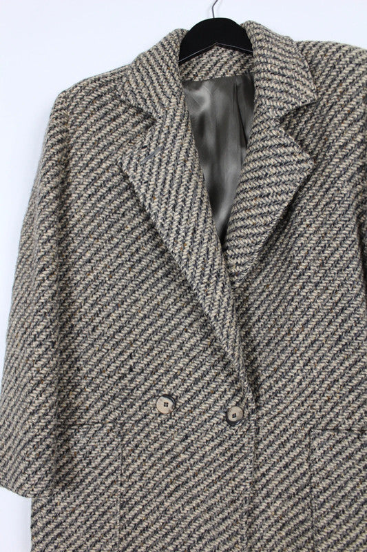 Vintage 80s 90s Brown Beige Herringbone Wool Double Breasted Long Coat Size