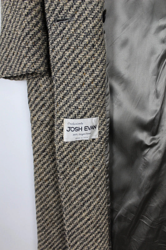 Vintage 80s 90s Brown Beige Herringbone Wool Double Breasted Long Coat Size