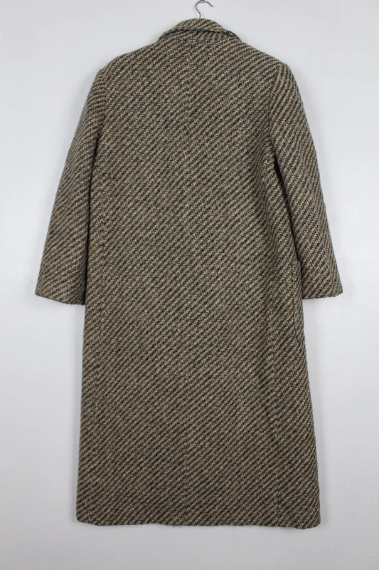Vintage 80s 90s Brown Beige Herringbone Wool Double Breasted Long Coat Size