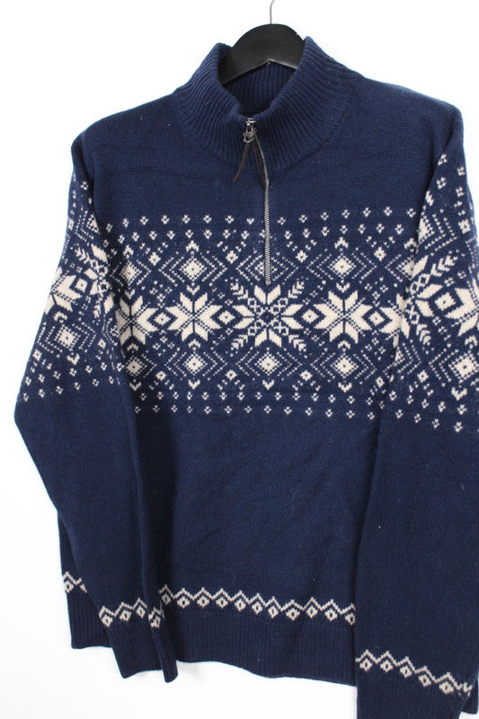 J.Crew Vintage Navy Blue &amp; White Fair Isle 1/4 Zip Wool Sweater Size XL