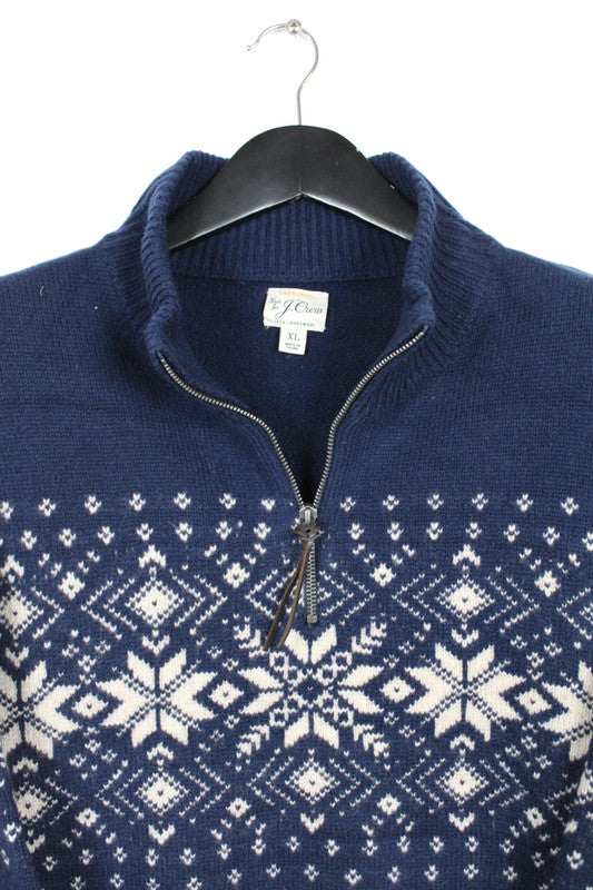J.Crew Vintage Navy Blue &amp; White Fair Isle 1/4 Zip Wool Sweater Size XL