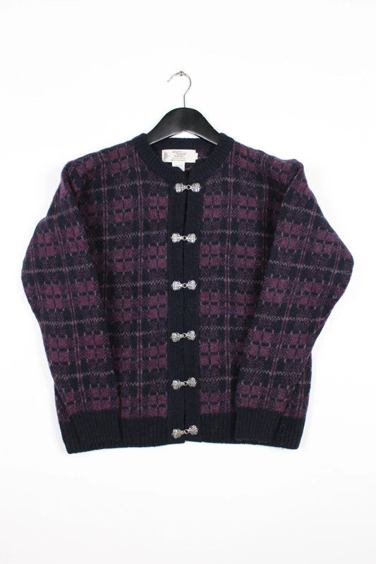 Vintage Nor'easterly 80s 90s Scottish Wool Cardigan Purple Plaid Tartan Clasp Buttons