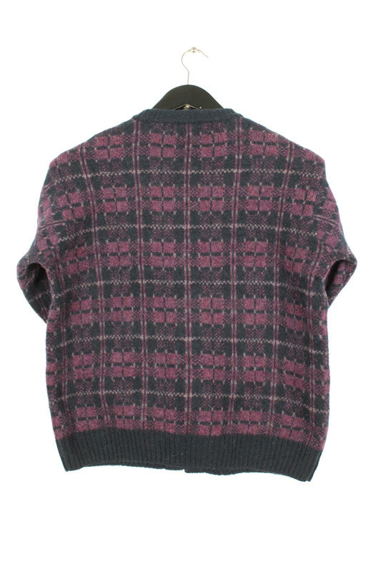 Vintage Nor'easterly 80s 90s Scottish Wool Cardigan Purple Plaid Tartan Clasp Buttons