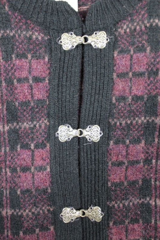 Vintage Nor'easterly 80s 90s Scottish Wool Cardigan Purple Plaid Tartan Clasp Buttons