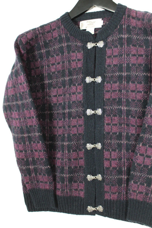 Vintage Nor'easterly 80s 90s Scottish Wool Cardigan Purple Plaid Tartan Clasp Buttons