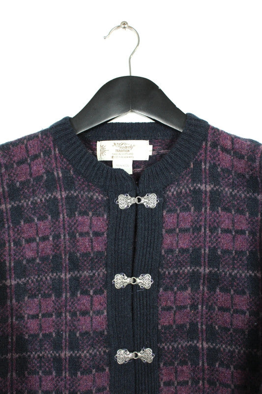 Vintage Nor'easterly 80s 90s Scottish Wool Cardigan Purple Plaid Tartan Clasp Buttons