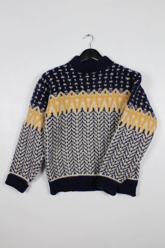 Vintage Navy Blue &amp; Yellow Wool Patterned Fair Isle Jumper Size Medium