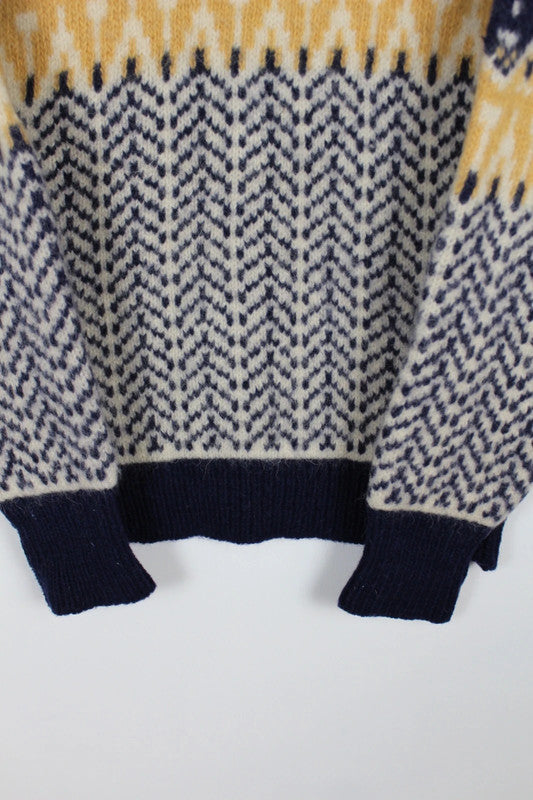 Vintage Navy Blue &amp; Yellow Wool Patterned Fair Isle Jumper Size Medium