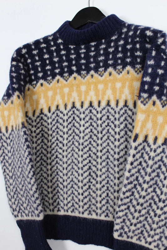 Vintage Navy Blue &amp; Yellow Wool Patterned Fair Isle Jumper Size Medium