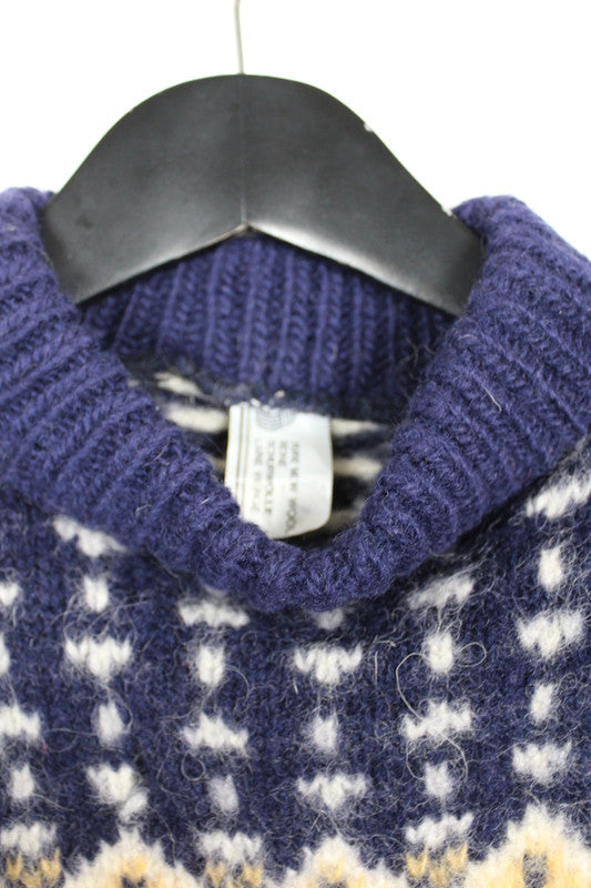 Vintage Navy Blue &amp; Yellow Wool Patterned Fair Isle Jumper Size Medium