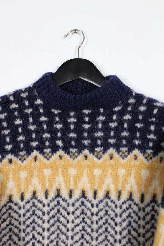 Vintage Navy Blue &amp; Yellow Wool Patterned Fair Isle Jumper Size Medium