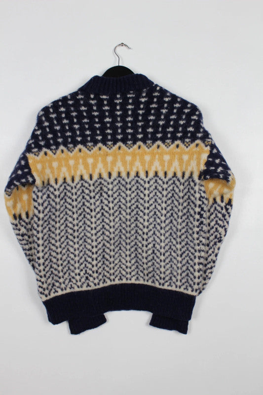 Vintage Navy Blue &amp; Yellow Wool Patterned Fair Isle Jumper Size Medium