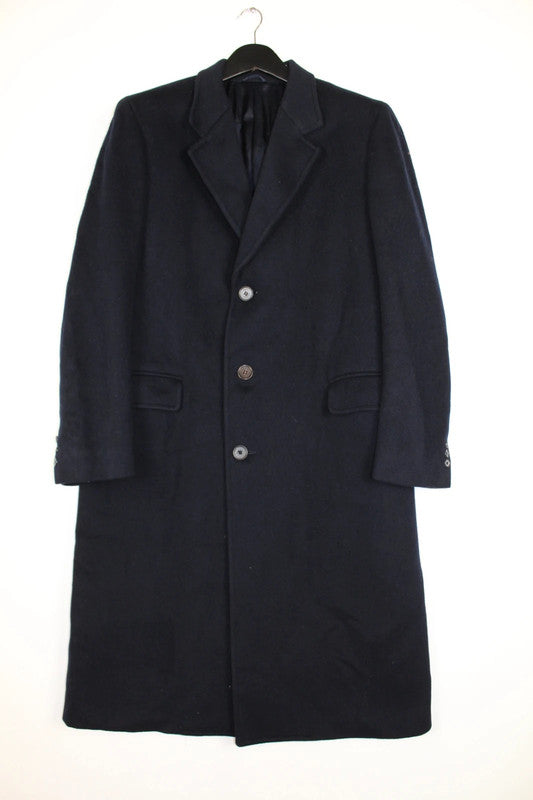 Vintage Men's Navy Single Breasted Long Wool Chesterfield Overcoat Size Large
