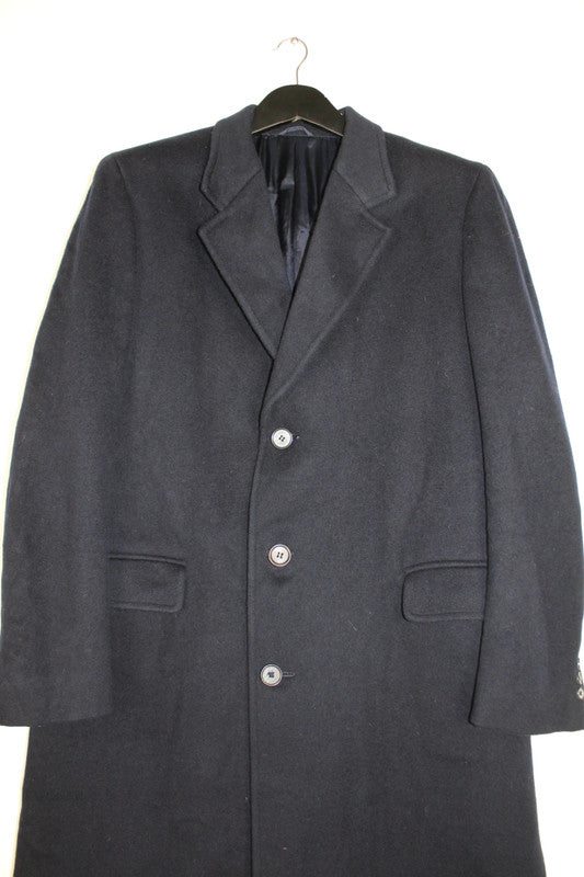 Vintage Men's Navy Single Breasted Long Wool Chesterfield Overcoat Size Large