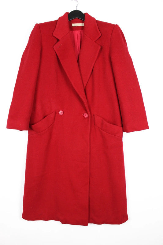 Vintage 80s 90s Deep Red Wool Double Breasted Long Coat Gold Buttons Size Large