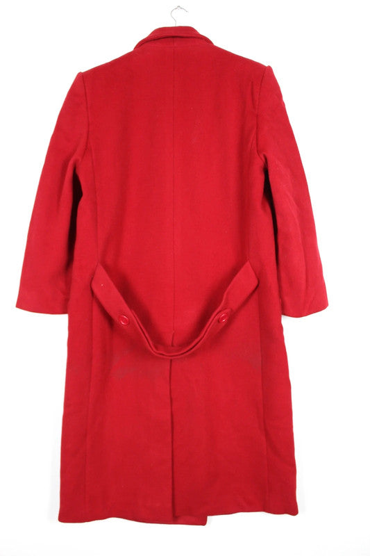 Vintage 80s 90s Deep Red Wool Double Breasted Long Coat Gold Buttons Size Large