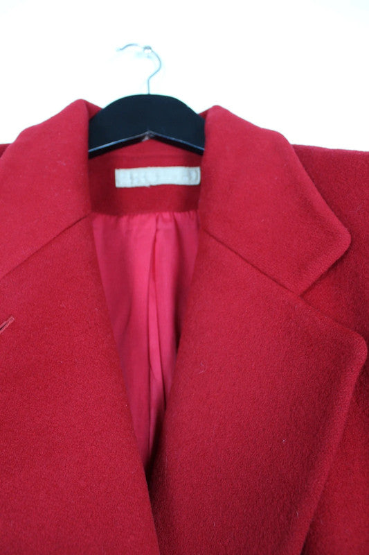 Vintage 80s 90s Deep Red Wool Double Breasted Long Coat Gold Buttons Size Large