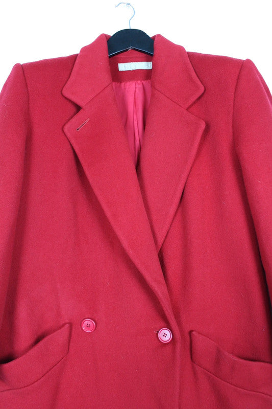 Vintage 80s 90s Deep Red Wool Double Breasted Long Coat Gold Buttons Size Large