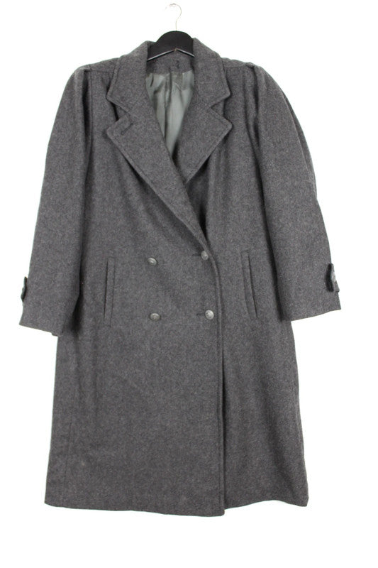 Vintage 80s 90s USA Made Grey Wool Double Breasted Long Coat Overcoat Size