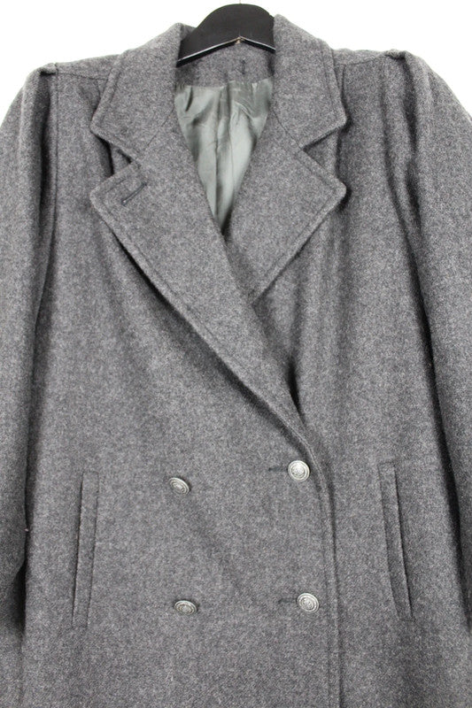 Vintage 80s 90s USA Made Grey Wool Double Breasted Long Coat Overcoat Size