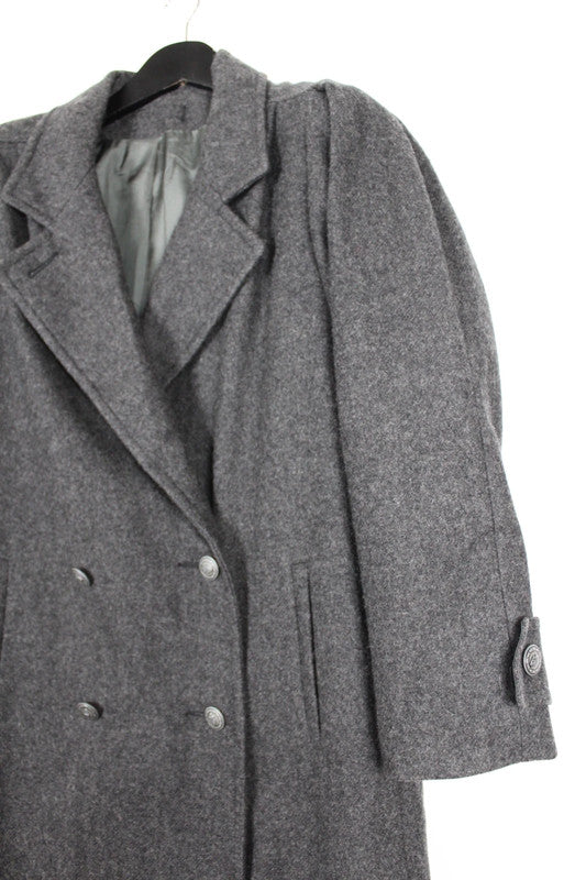 Vintage 80s 90s USA Made Grey Wool Double Breasted Long Coat Overcoat Size