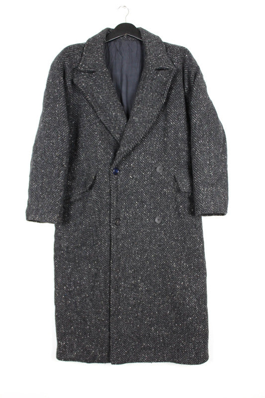 Vintage Men's Grey &amp; White Herringbone Wool Double Breasted Long Coat Size XL