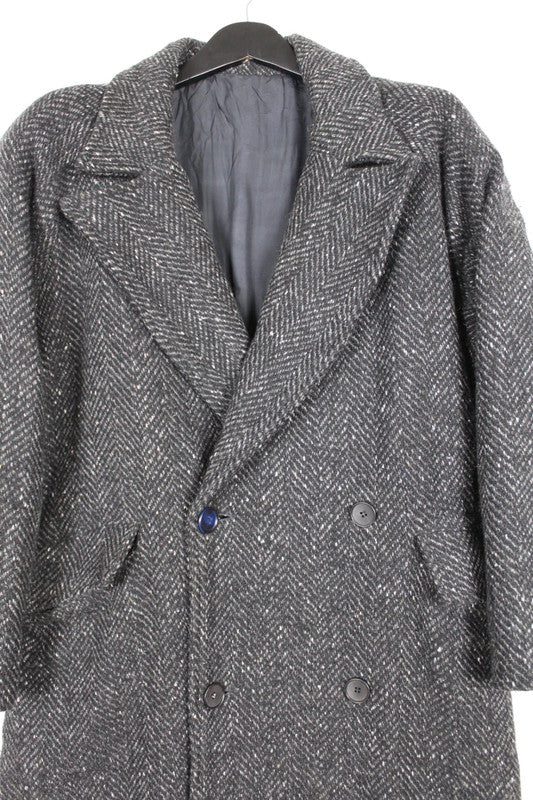 Vintage Men's Grey &amp; White Herringbone Wool Double Breasted Long Coat Size XL