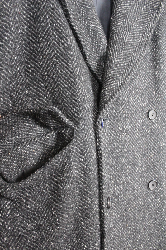 Vintage Men's Grey &amp; White Herringbone Wool Double Breasted Long Coat Size XL