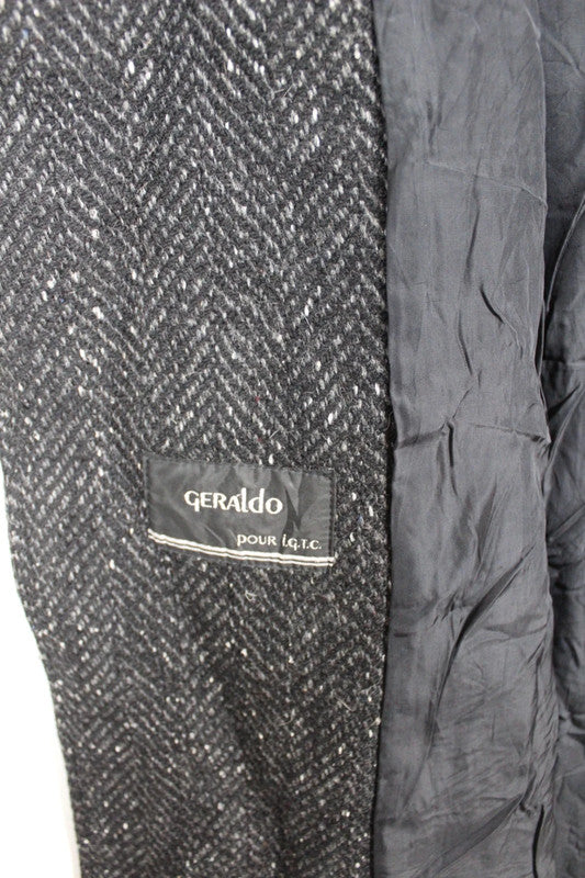 Vintage Men's Grey &amp; White Herringbone Wool Double Breasted Long Coat Size XL