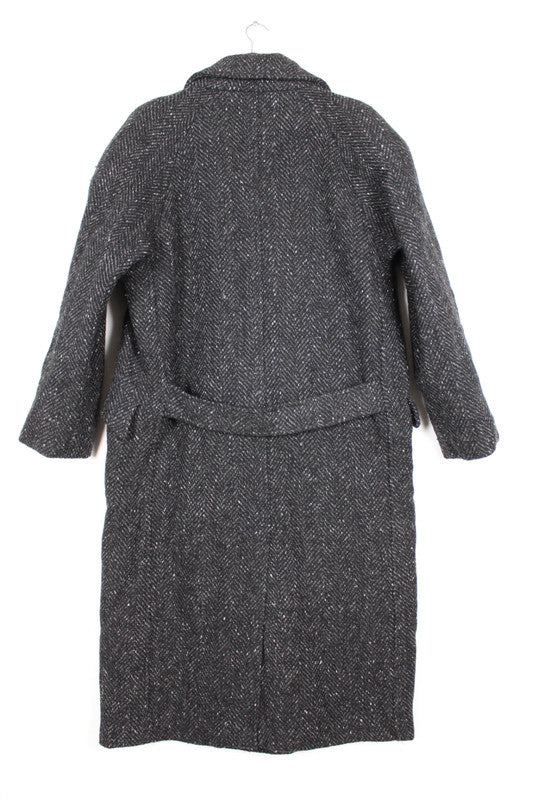 Vintage Men's Grey &amp; White Herringbone Wool Double Breasted Long Coat Size XL