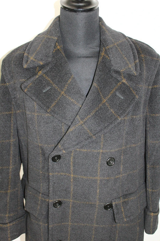 Vintage Aquascutum Double-Breasted Chesterfield Tartan 100% Wool Overcoat Black Grey